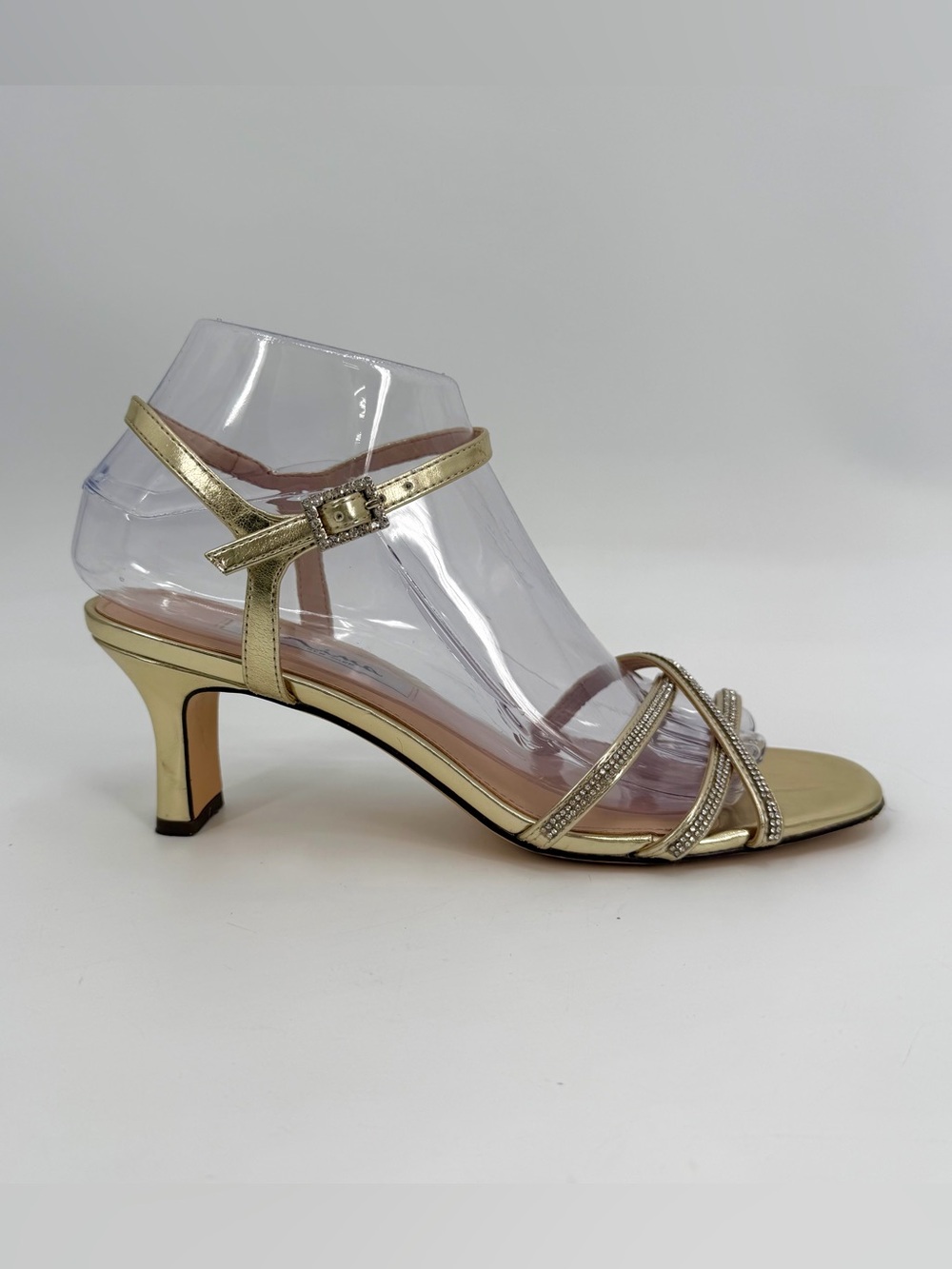 Nina Strappy Sandals Dressy Heels Women’s 7.5 M Gold Criss Cross Rhinestone - Picture 11 of 11